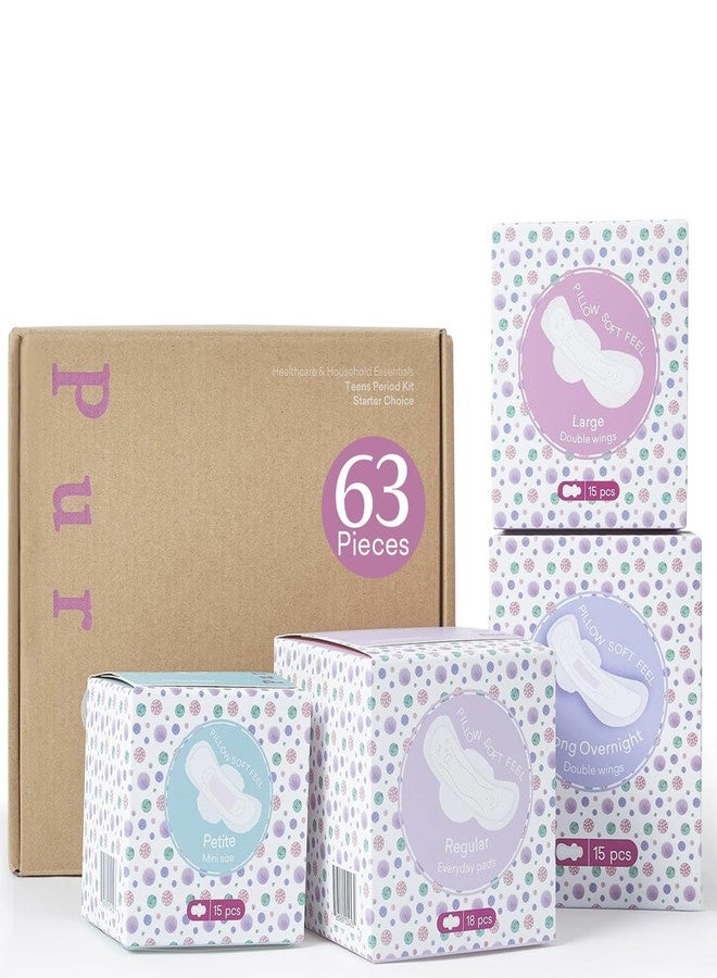 PurComfy Teens First Period Starter Kit for Girls 9-10-11-12-14 63pcs Period Pads for Tweens Teens, Menstrual Pad Box for Girls Period Kit for School, 4 Essential Size fit for Tween Period Underwear - Image 1